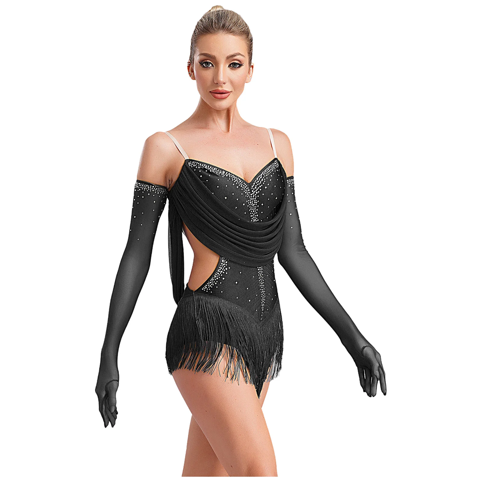 Womens Tassel Jazz Latin Dance Leotard Dress Glittery Rhinestones Adjustable Straps Cutout Fringed Bodysuit with Gloves image 4