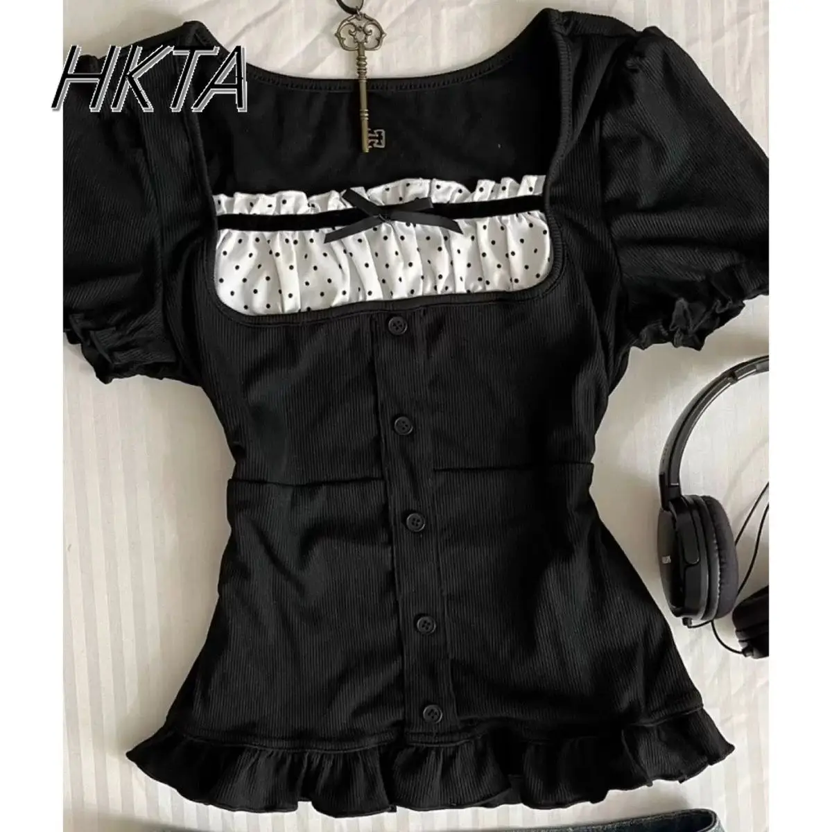 

Korean Sweet Girl Contrasting Color Bow Splicing Square Neck Short Sleeved Tshirt Women Summer Slim Fitting Thin Tshirts Top Y2k