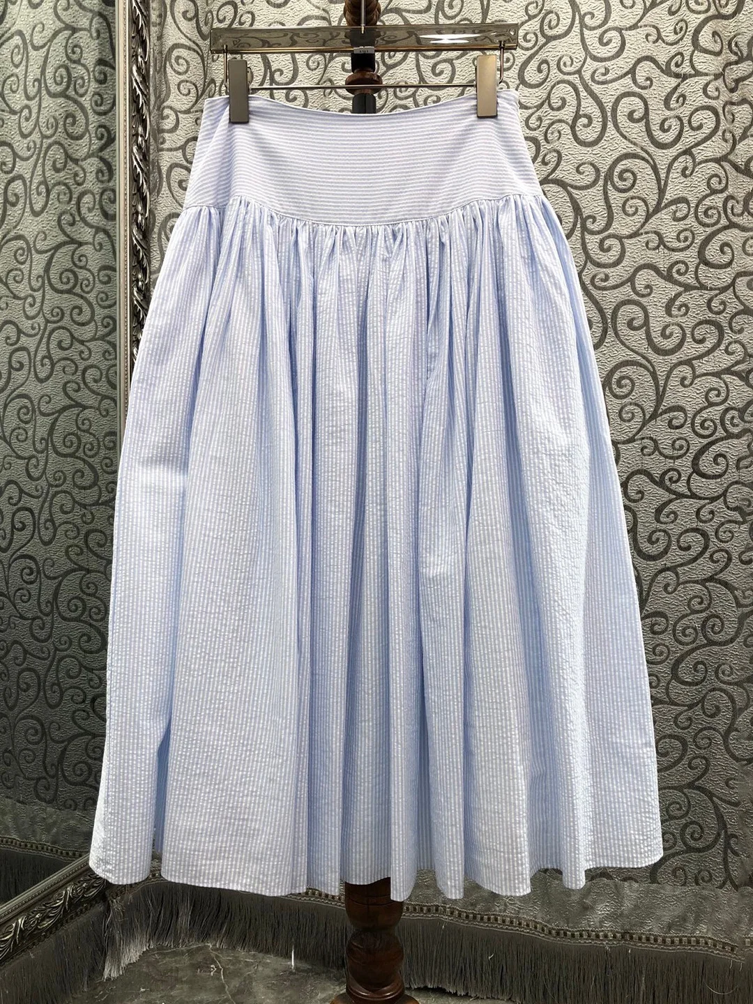 Milan Town Summer High Waist over Knee Striped Bubble Cotton Half Skirt Women's Commute Style A-Line Skirt Loose Fit