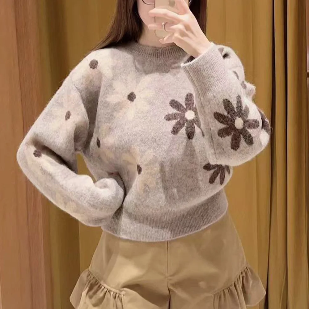 เสื้อไหมพรมถักทรงกลมนุ่มสบาย  แฟชั่นฤดูใบไม้ร่วงฤดูหนาว  ลายดอกเดซี่สไตล์เรโทร  เสื้อไหมพรมผสมขนสัตว์สำหรับผู้หญิง