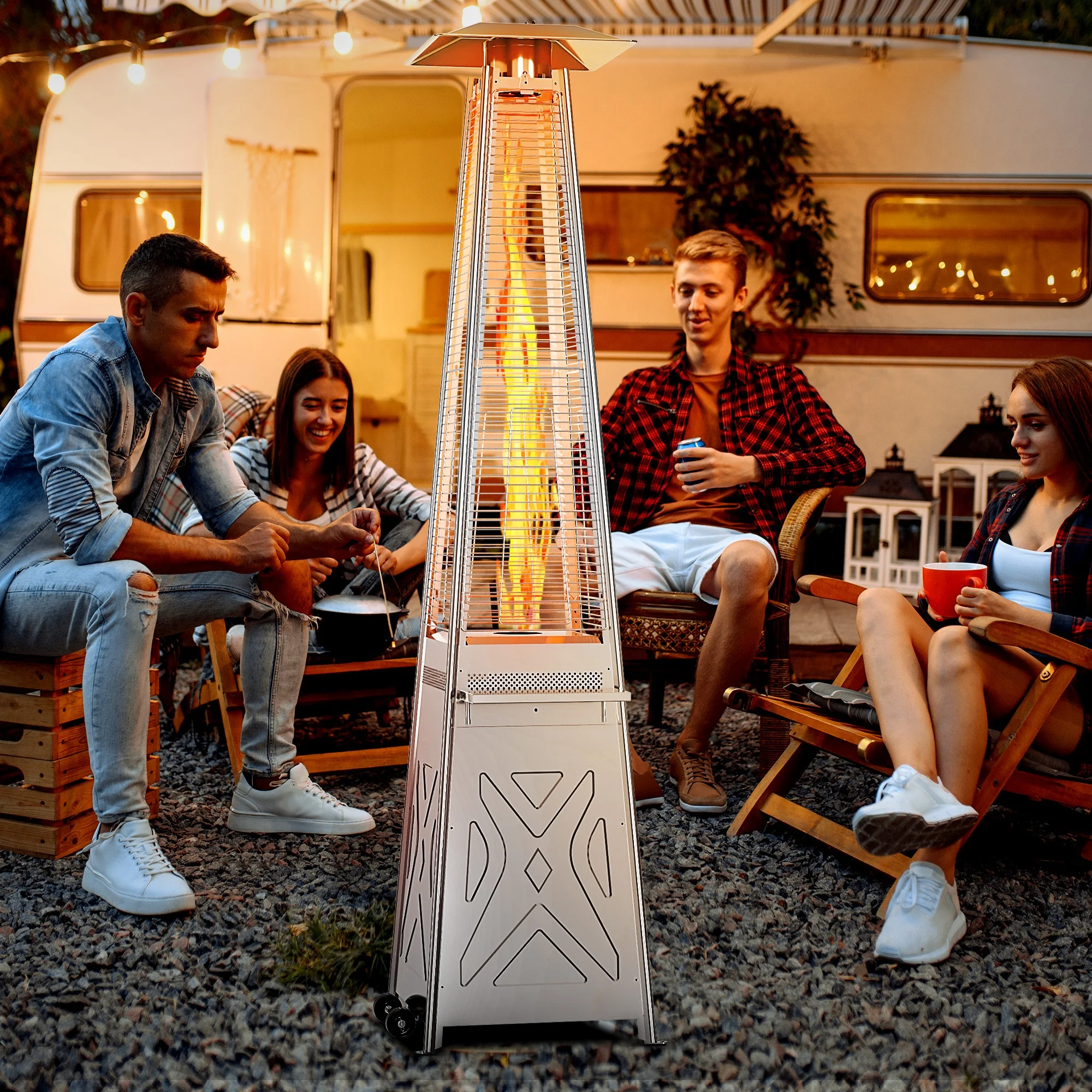 Outdoor Pyramid-Shaped Freestanding Heater, 48000 BTU Outdoor Propane Patio Heater with Movable Wheels, Removable Table, and Floor Spikes for Large Spaces, Outdoor Parties, Backyards, and Gardens