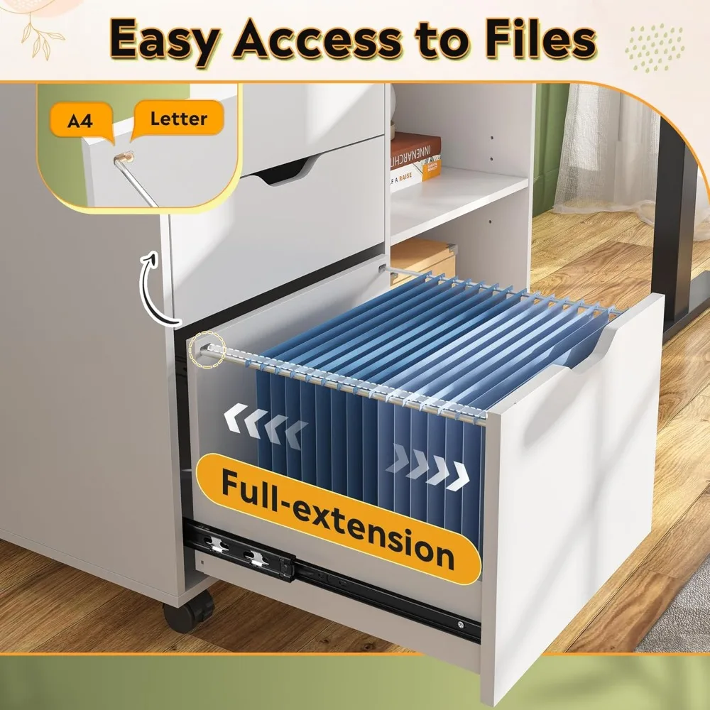 خزانة ملفات جانبية متنقلة خشبية ذات 3 أدراج مع حامل طابعة وأرفف تخزين مفتوحة للمكتب المنزلي، باللون الأبيض