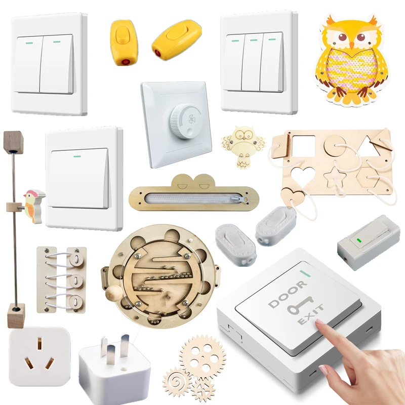 

Монтессори-игрушка в европейском стиле: развивающая доска с аксессуарами (выключатель, дверной звонок, розетка), обучающая игра с LED-лампой