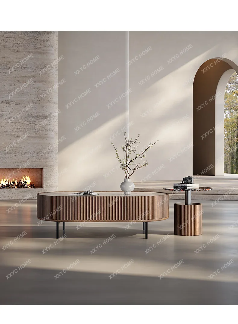 HMinimalist Rock Slab Coffee Table Household Living Room High Foot Walnut Light Luxury Modern High-end Oval Coffee Tab