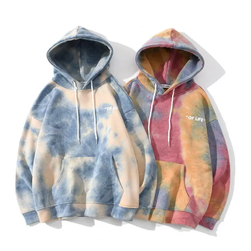 FAVRE Mens Womens Tie Dye Sweatshirts Casual Letter Contrast Hoodies Streetwear High Street Hip Hop Fashion  Couple Pullovers