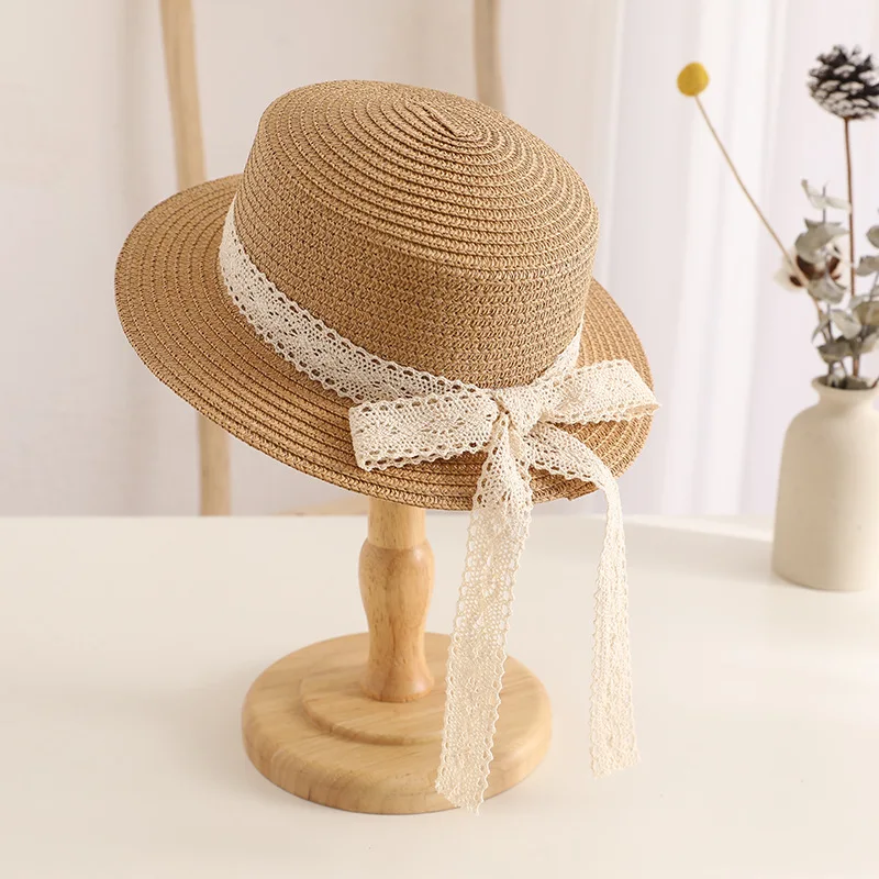 Cute Bow Lace Girls Straw Hat Spring Summer Breathable Sunshade Kids Sun Hat Outdoor Travel UV Protection Children Panama Cap
