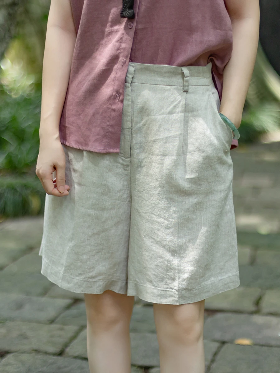 

Классические однотонные льняные брюки-бермуды для женщин, облегающие, повседневные, с широкими штанинами, удобные, с завышенной талией, для работы и отдыха