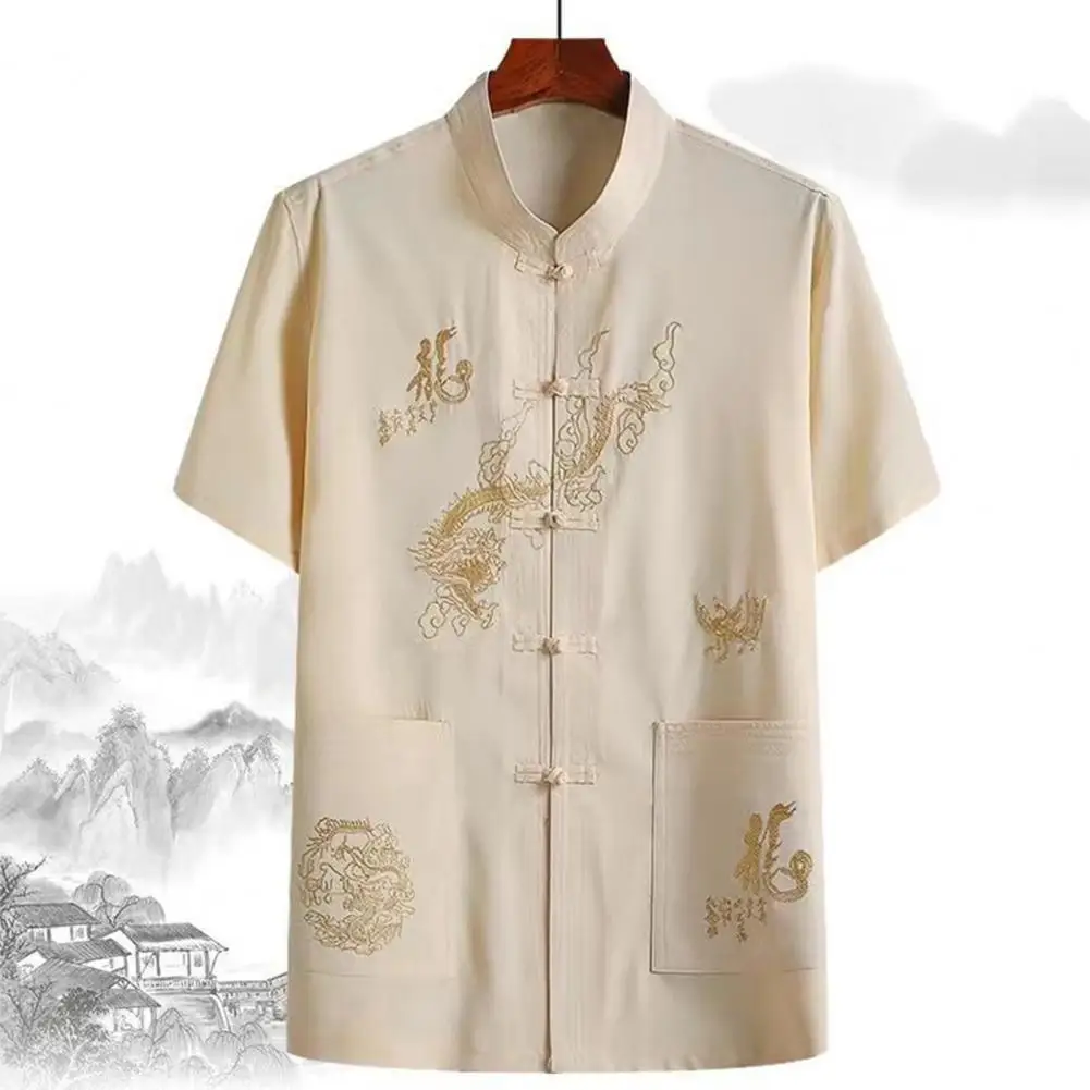 Chinese Style Shirt Men\'s Chinese Traditional Linen Tang Shirt with Hand Plate Buckle Design Comfortable Stylish for Oriental