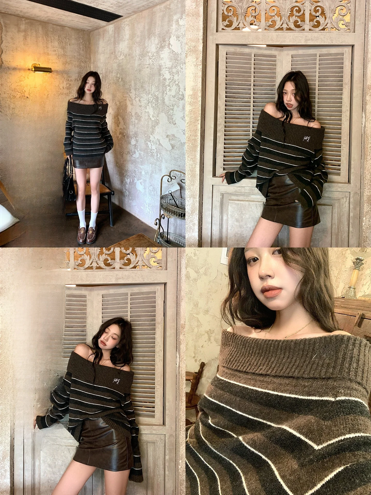 

Lazy Sle Striped One oulder Knitted Sweater Women's Top Autumn New Loose Fit oulder Exposure Sweater Warmth Heating