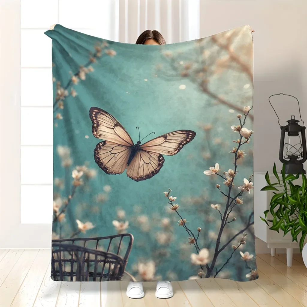 1PC Turquoise Blue & Golden Butterfly Print Plush Fleece Blanket - Soft All-Season Luxury Throw for Bed, Sofa, Travel - Turquois