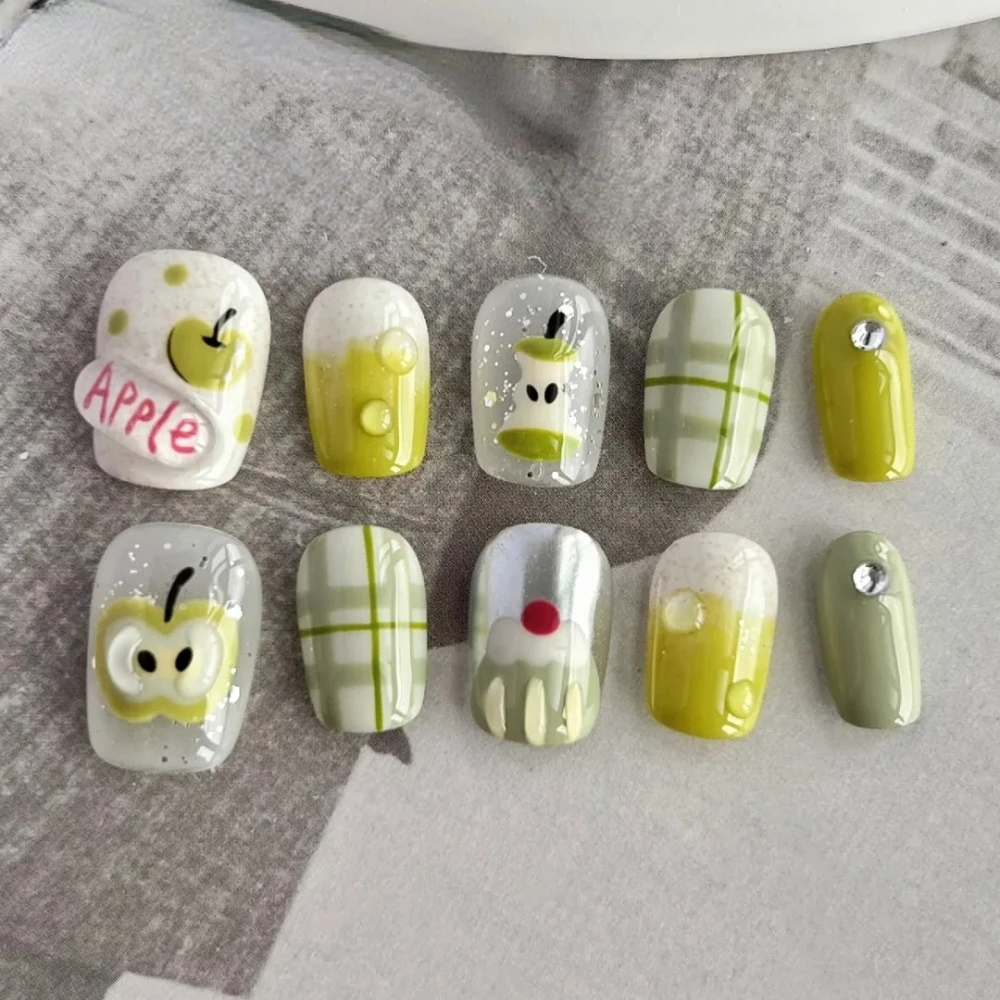 10Pcs Handmade Manicure Short Coffin Fake Nails Cute Green Apple Limite Nails Press On Nails Design with Adhesive Nail File Set