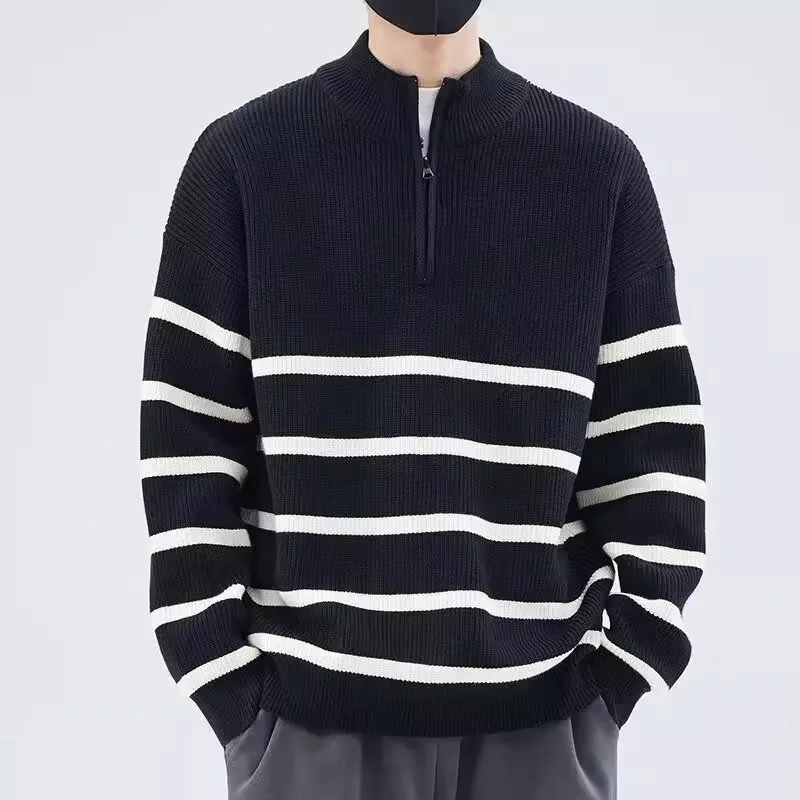

Осенне-зимний мужской вязаный свитер с воротником на молнии, повседневный длинный свек из полиэфирного волокна, теплая эластичная модная основа...
