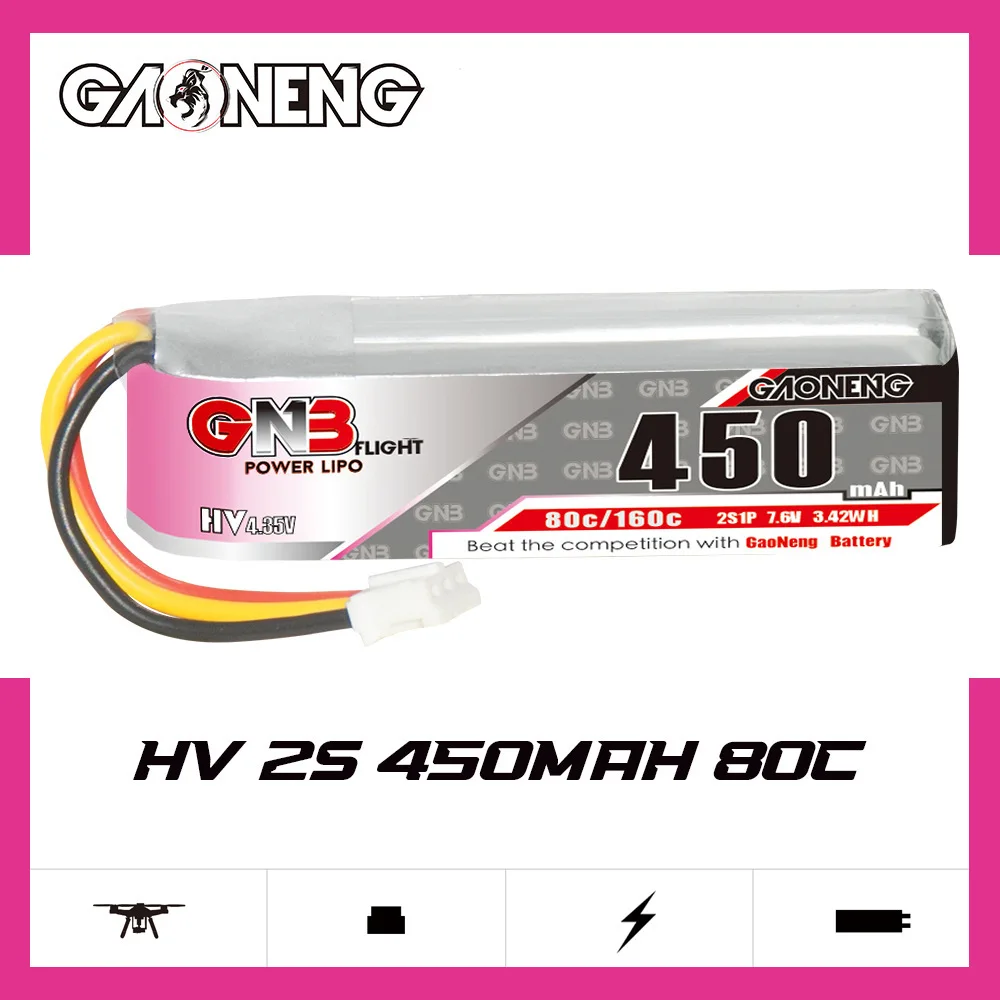 1-10Pcs GNB HV 2S 7.6V 450mAh 80C/160C Lipo Battery For Racing Parts Drift Rally Vehicle FPV Drone Toy PH2.0 3Pin Connector