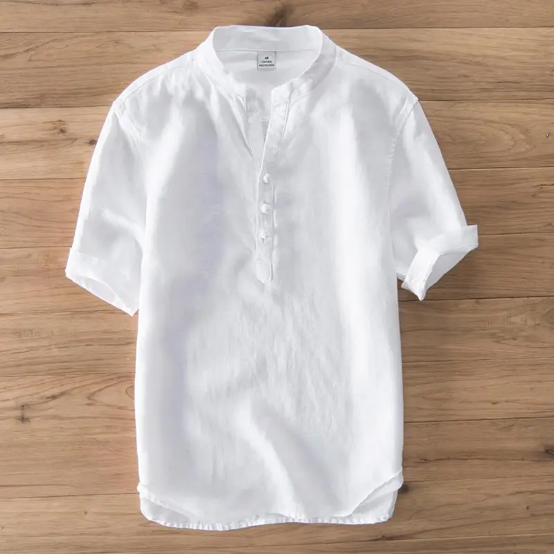 

Men's Mid-Sve irt Stand Collar Breathable Casual Sle Linen Material Pan Mouth irt for Young Men And Women