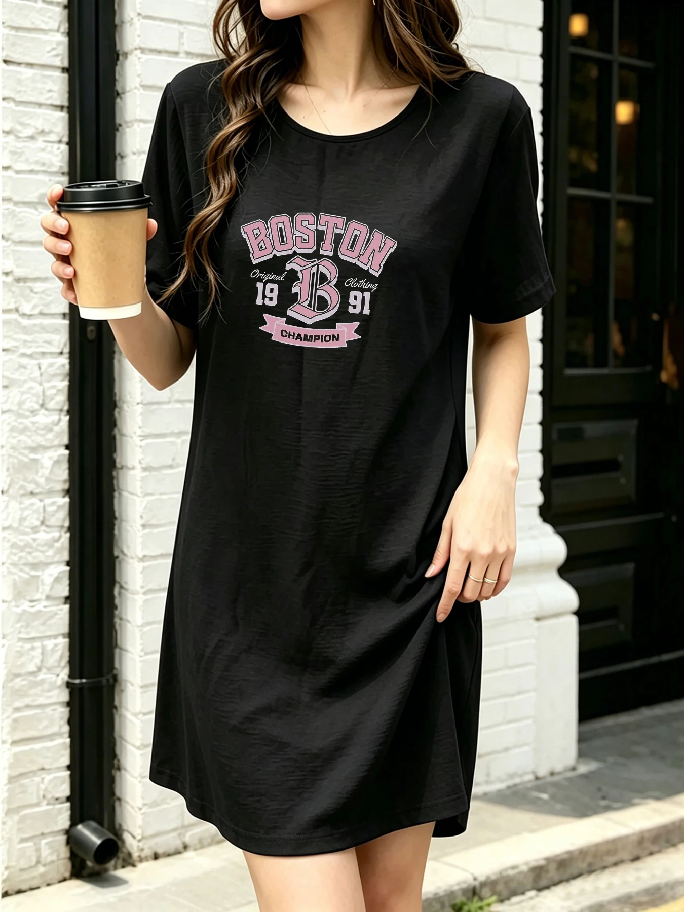 

Summer Thin Breathable Casual T-Shirt Dress, American-Style Boston Print Loose Mid-Length Dress, Slimming and Versatile