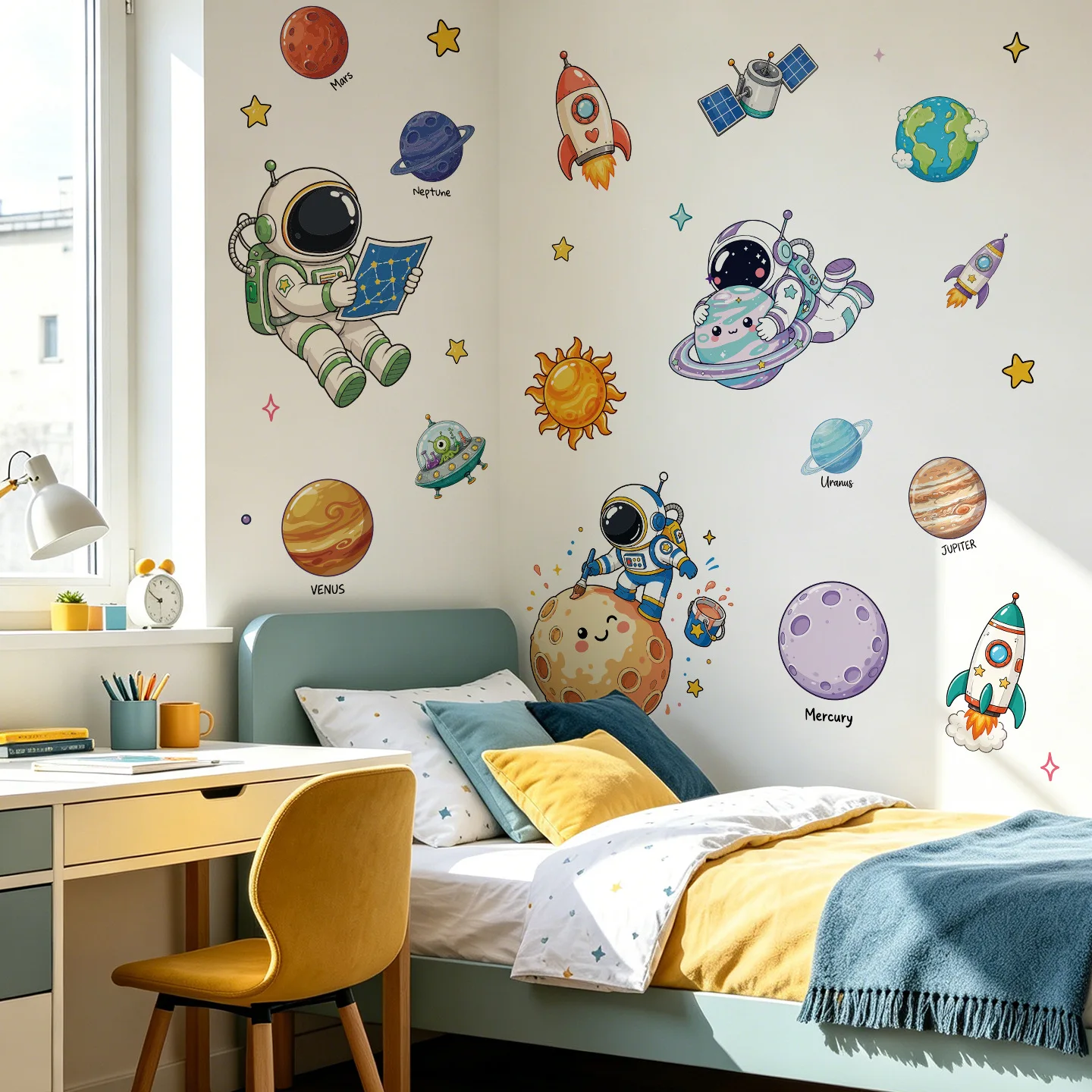 Creative Space Planet Astronaut Wall Stickers For Children's Room Kids Bedroom Baby Room Background Detachable Home Decoration