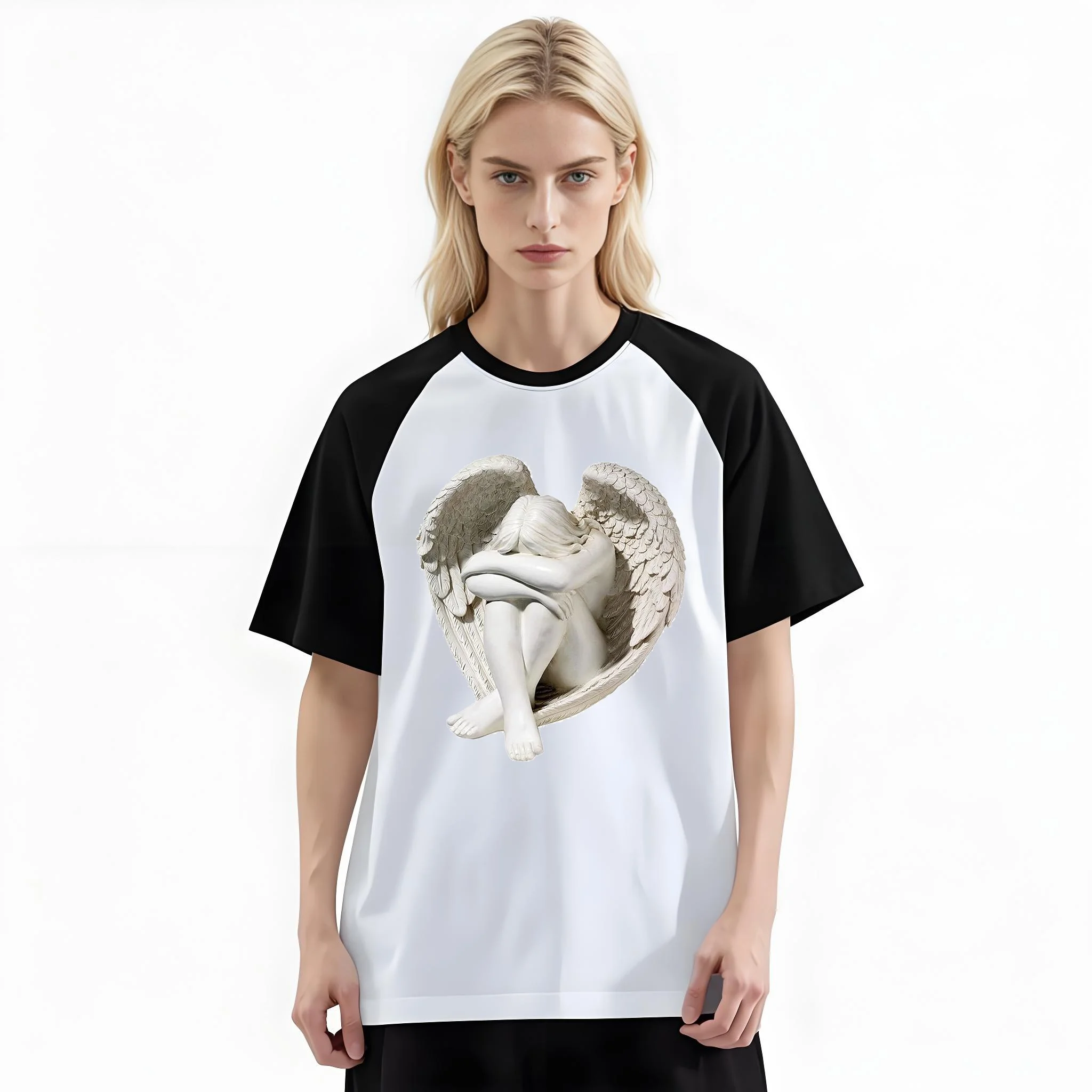 Women'S Fashion Raglan Sleeve T-Shirt, Kneeling Winged Angel Stone Sculpture Printed, Summer Casual Comfortable Tee, Women'S Everyday Short-Sleeve Top