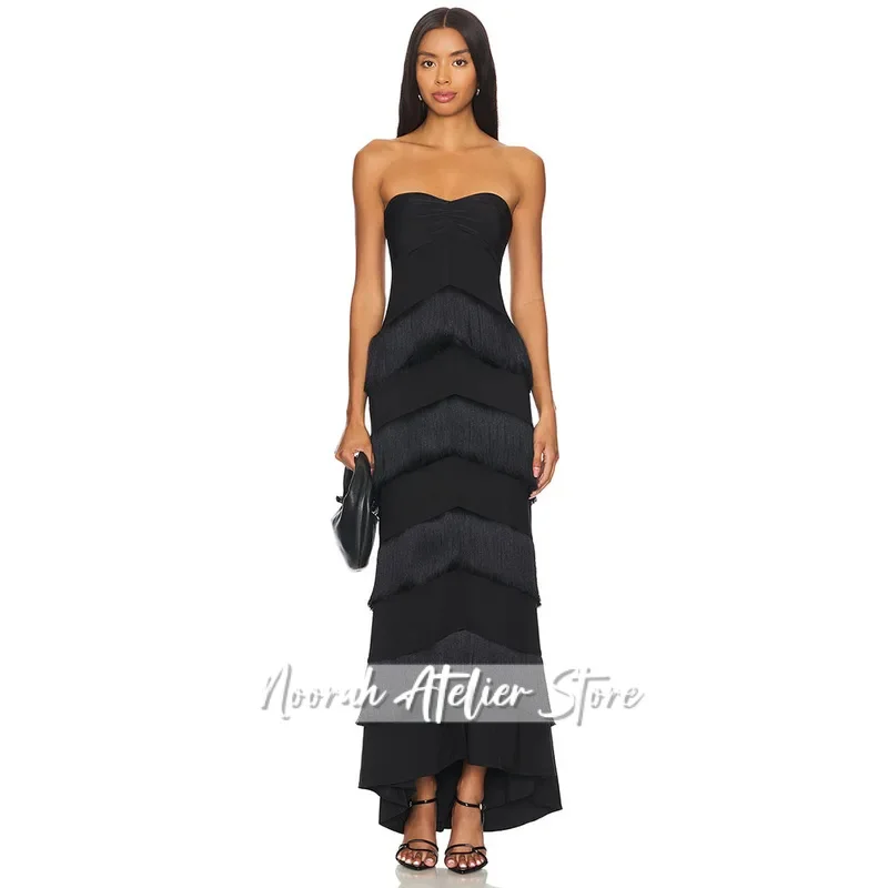 

Modern Black Evening Gown Strapless Mermaid Formal Women's Evening Dress Tassel Trumpet Floor Length Party Dress Long