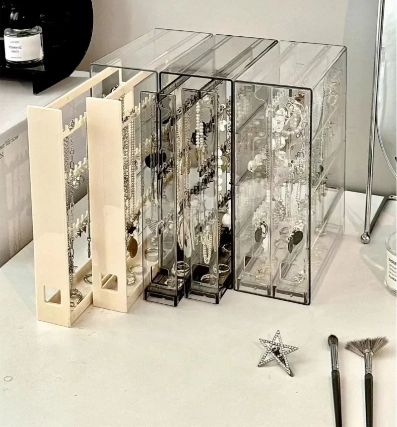 Transparent Jewelry Organizer Box Vertical Pulling Jewelry Box Dustproof Display Stand High-capacity Storage Hanging Accessories