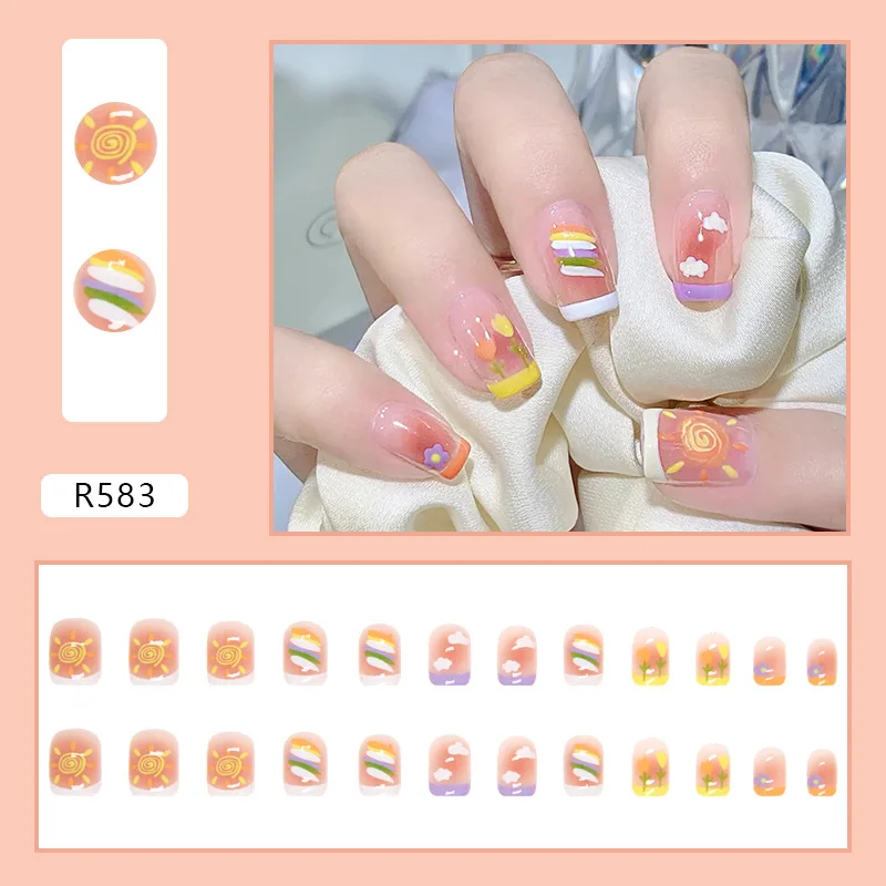 

24PCS Candy Color Press-On Nails – Medium Square Shape With Playful Summer Prints & Iced Ombré Effect (Whimsical Sweet Style)