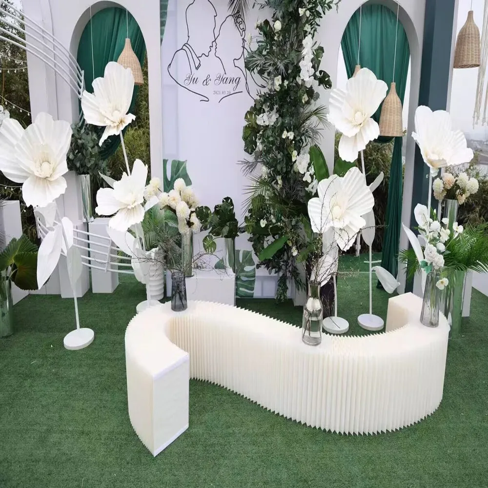 Decoración de boda, tamaño personalizado, soporte de exhibición plegable versátil de papel, mesa de exhibición de postre de flores, plataforma, guía curva, soporte para fiesta