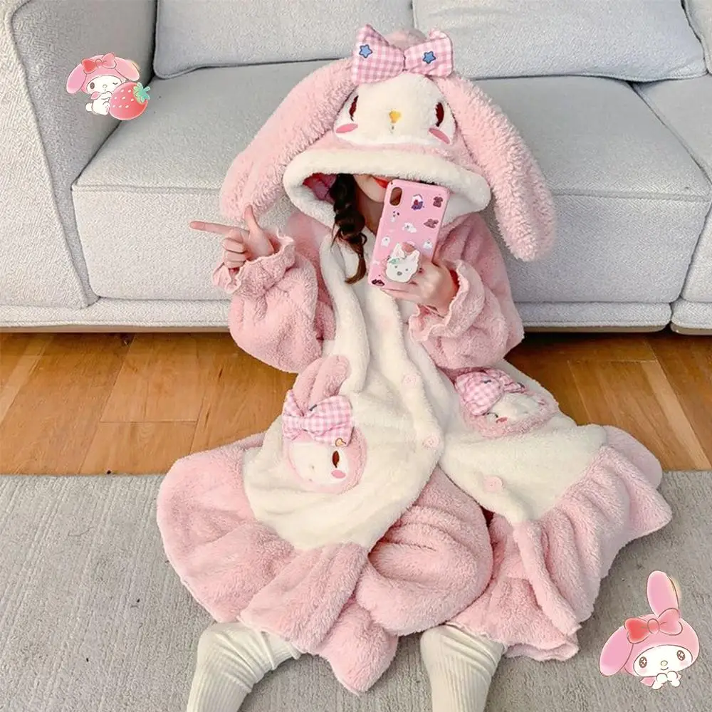 Cute My Melody Kids Plush Pajamas Robe Pants Anime Winter Cartoon Girls Pink Coral Fleece Warm Thicken Hooded Kawaii Home Wear