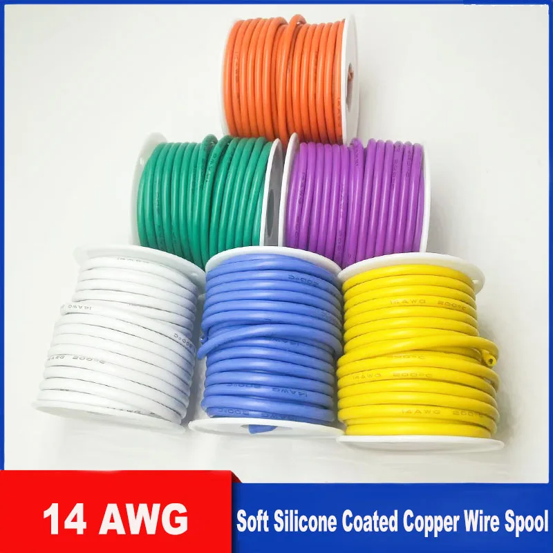 

Катушка из силиконовой проволоки 14 AWG (32,8 фута), сверхгибкий высокотемпературный луженый медный кабель 14 awg, 10 цветов, 600 В, 200 ° C