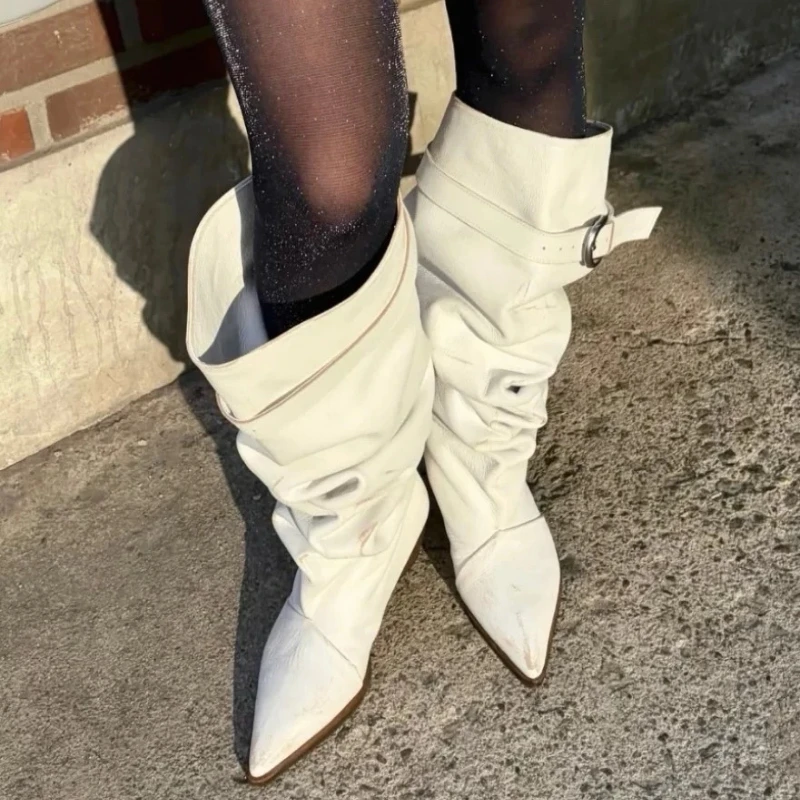 Fashion Women Knight Long Boots Folded High Tube with Adjustable Belt Sharp Pointed Toe Stable Thick Heel All Season Footwear