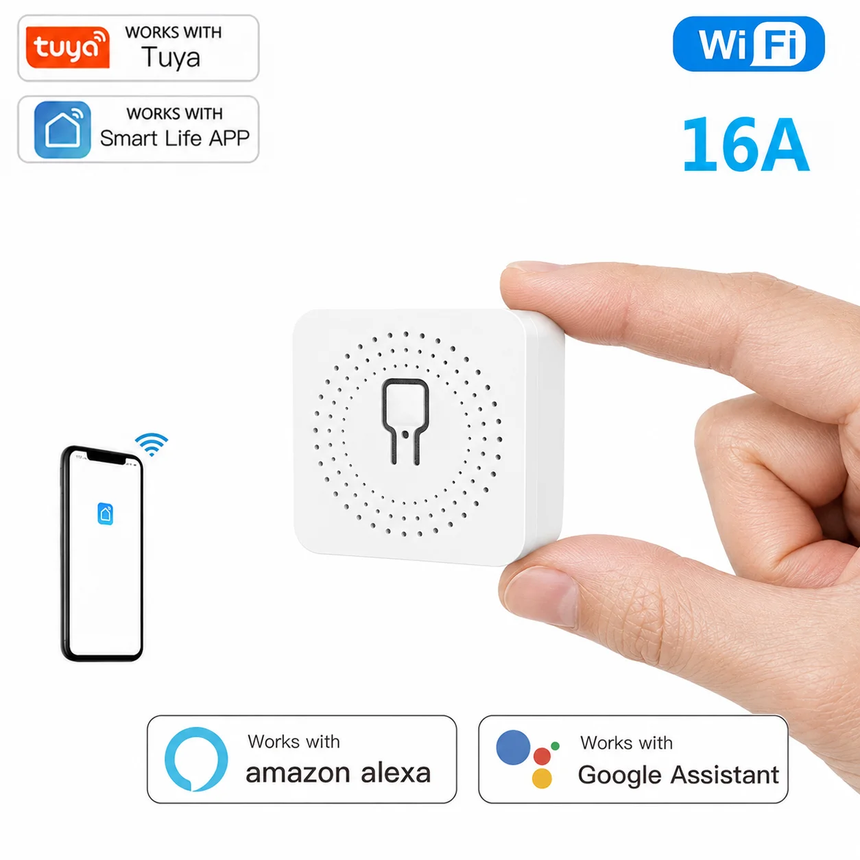 Interruptor Inteligente Mini Tuya, Conectividade Wi-Fi, Controle Remoto via App, Controle por Voz, Compartilhamento Multi-Usuário, Ideal para Casas Inteligentes