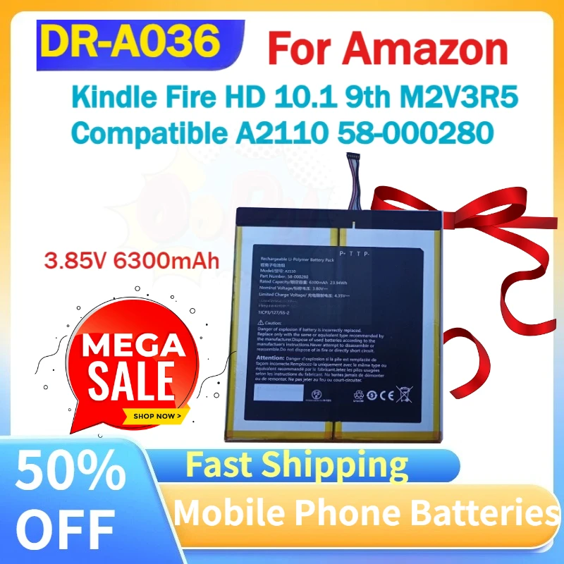 3.85V 6300mAh DR-A036 Battery for Amazon Kindle Fire HD 10.1 9th M2V3R5 Tablet Computer Compatible A2110 58-000280 Batteries