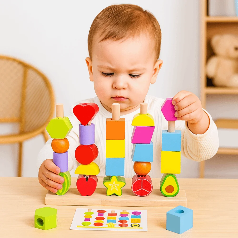 Montessori Speelgoed Fruit Kleur Vorm Stapels Blokken Puzzelspel Geometrische Cognitie Logische Vetersluiting Kralen Educatief Speelgoed Cadeau