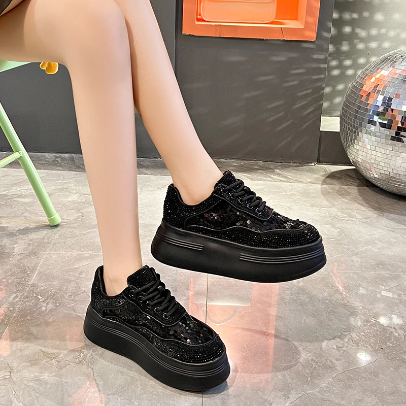 High Appearance Level Thick Bottom Lace-up Sequin Mesh Fashion All Comfortable Non-slip Breathable Sports Casual Women's Shoes