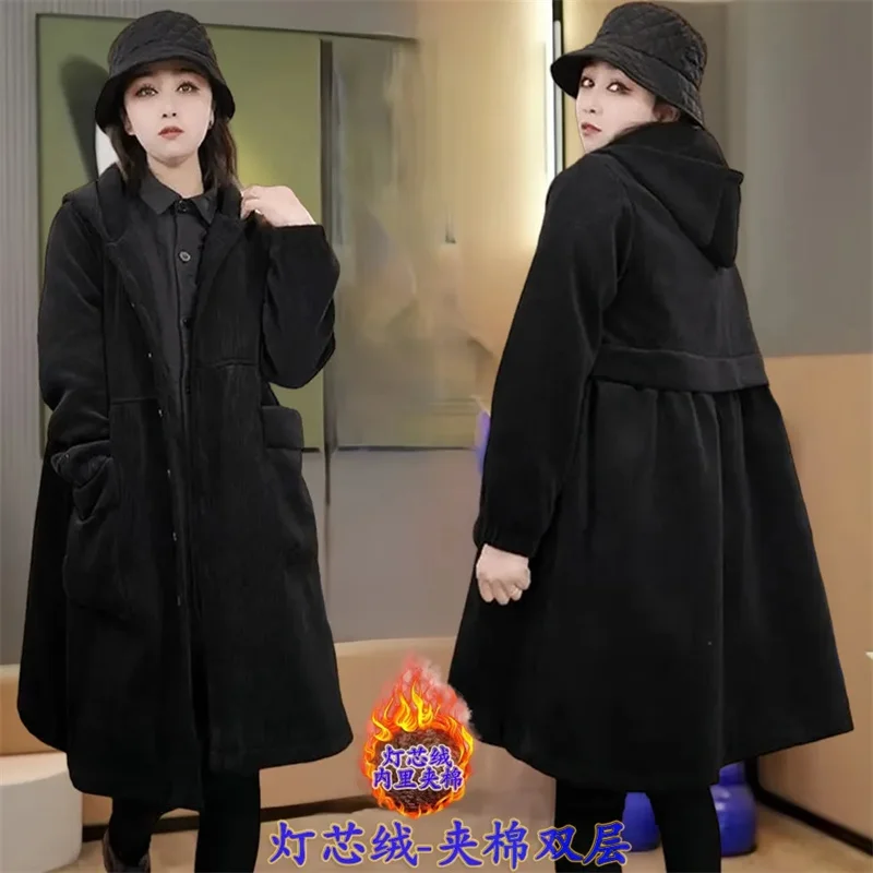 Fashion Purple Winter Coat Female 2023 New Women\'s Cotton Clip Corduroy Cotton Clothes Mid-Length Hooded High End Trench Coat