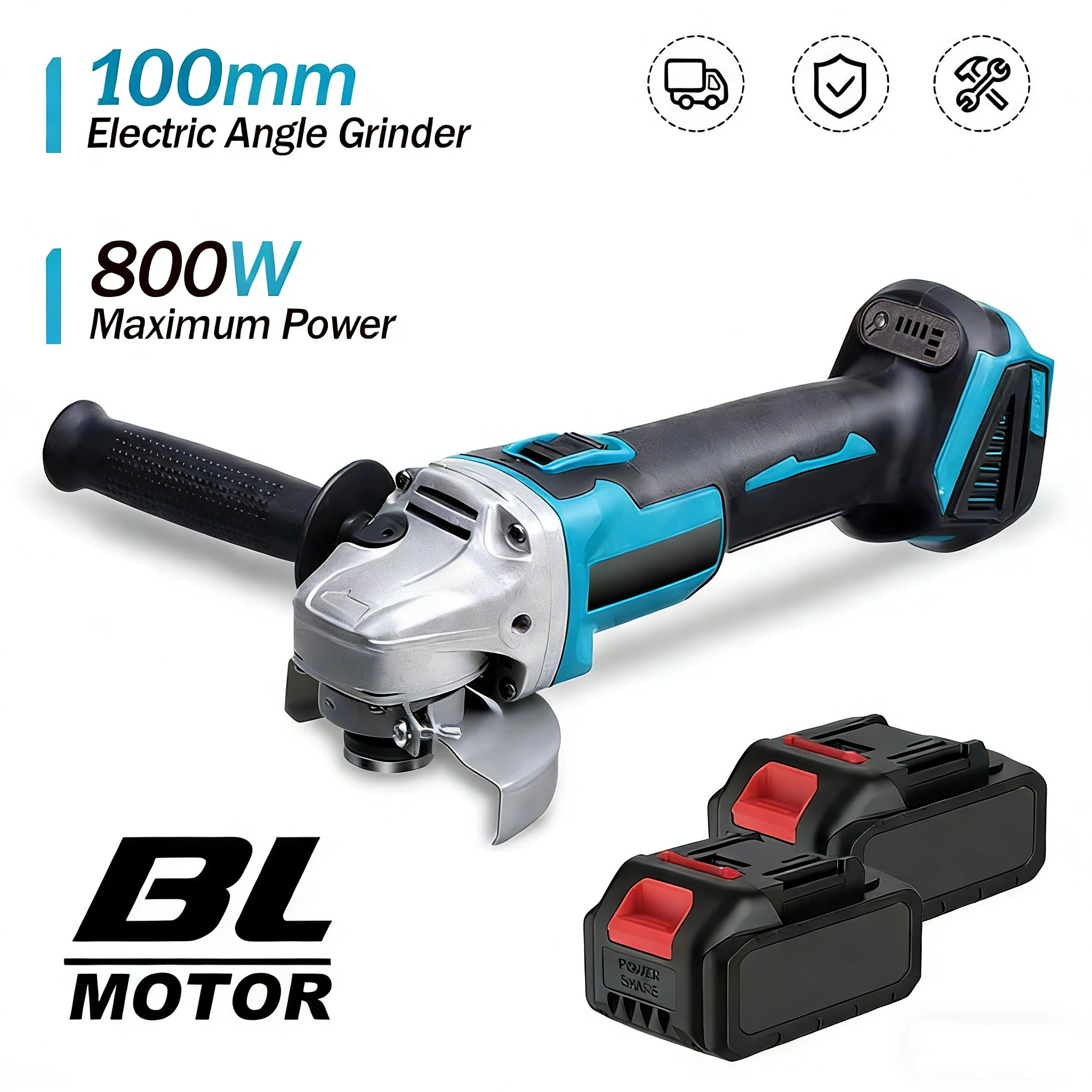 Meuleuse d'angle sans balais 100 mm, machine à polir et à couper, outil électrique à 2 batteries pour batteries Makita 18V