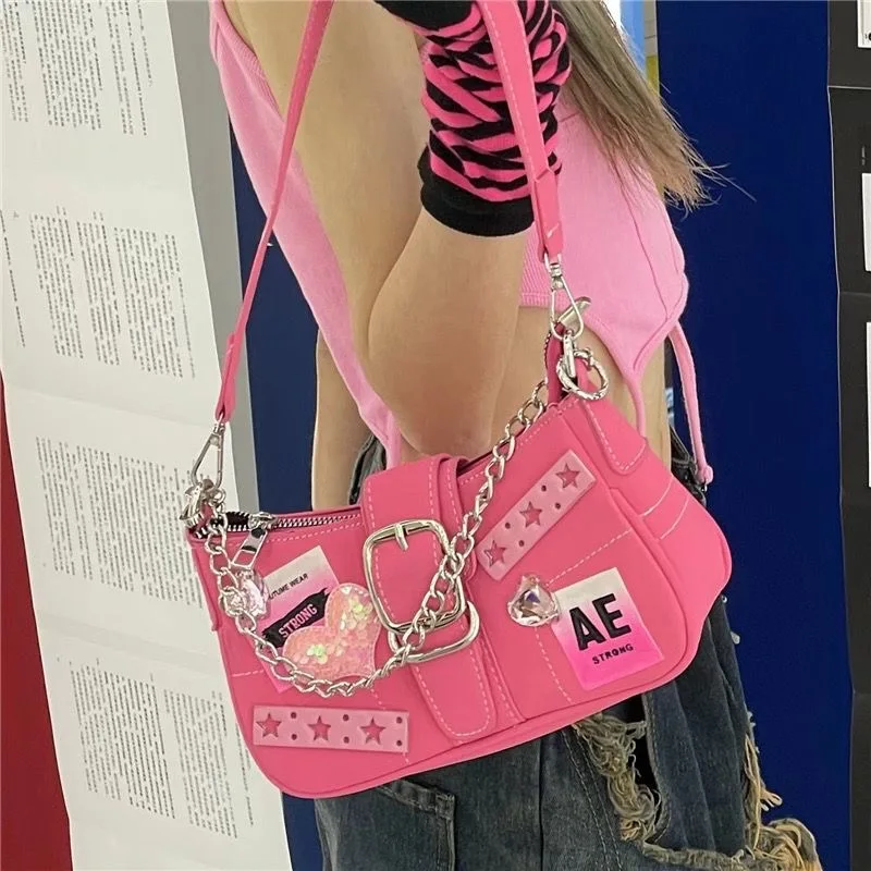 Y2k borsa a tracolla rosa per donna catena Designer piccole borse quadrate Cool Girl Sling Bags Heart Deco Mini borsa ascellare moda