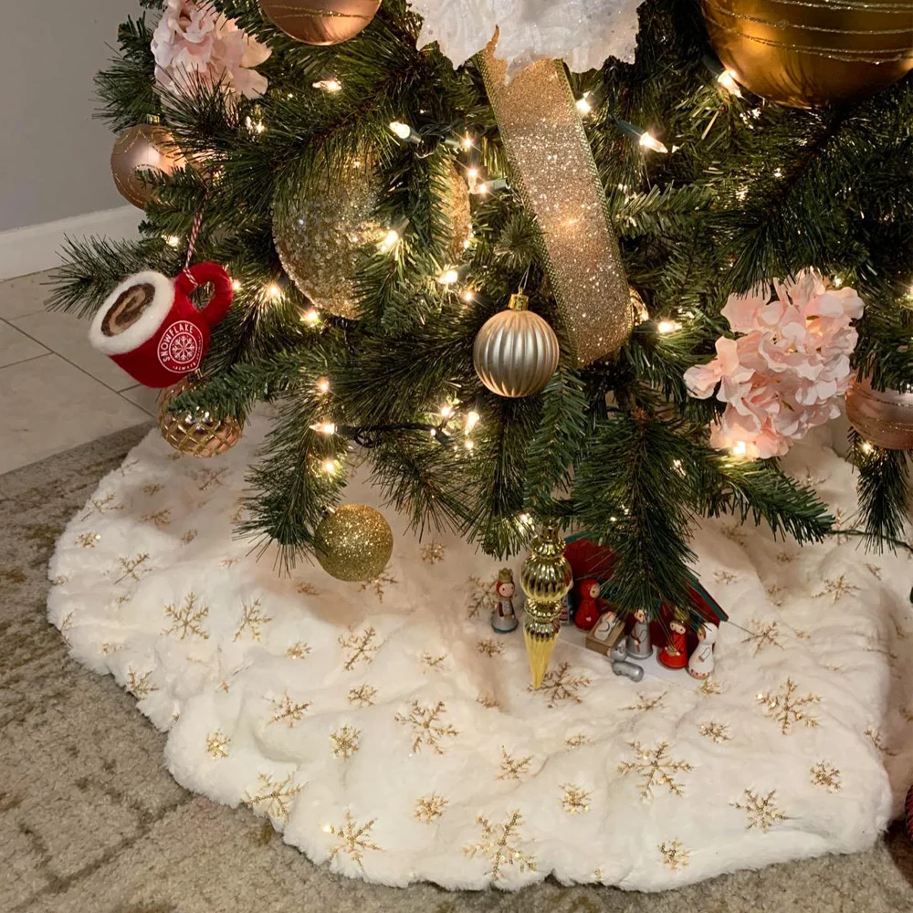 

Christmas Tree Skirt White Plush Gold Sequin Snowflake For Xmas Tree Holiday Party Decorations Xmas Tree Mat