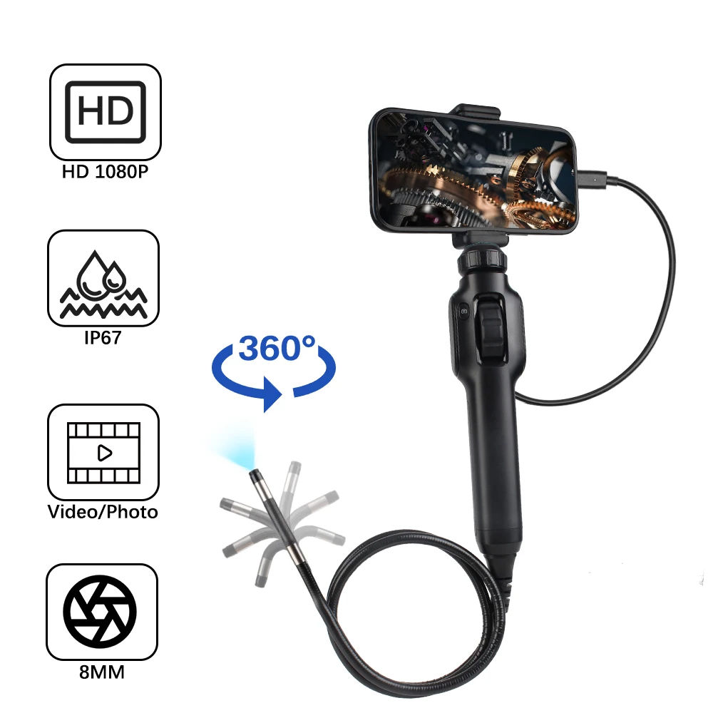 360° Steering Endoscope 1080P Articulating Borescope for Android/IOS with Articulation Cars Inspection Camera with 8 LED Lights