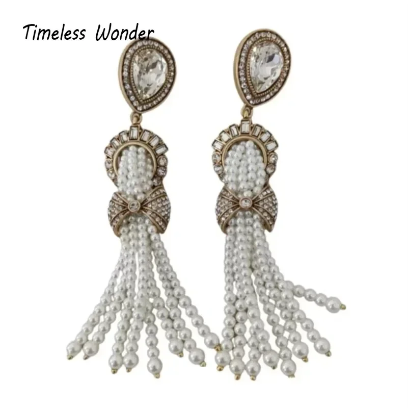 Timeless Wonder Fancy Zircon Bowknot Beaded Tassel Clip on Earrings for Women Designer Jewelry Runway Goth Rare Gift Cute 5155