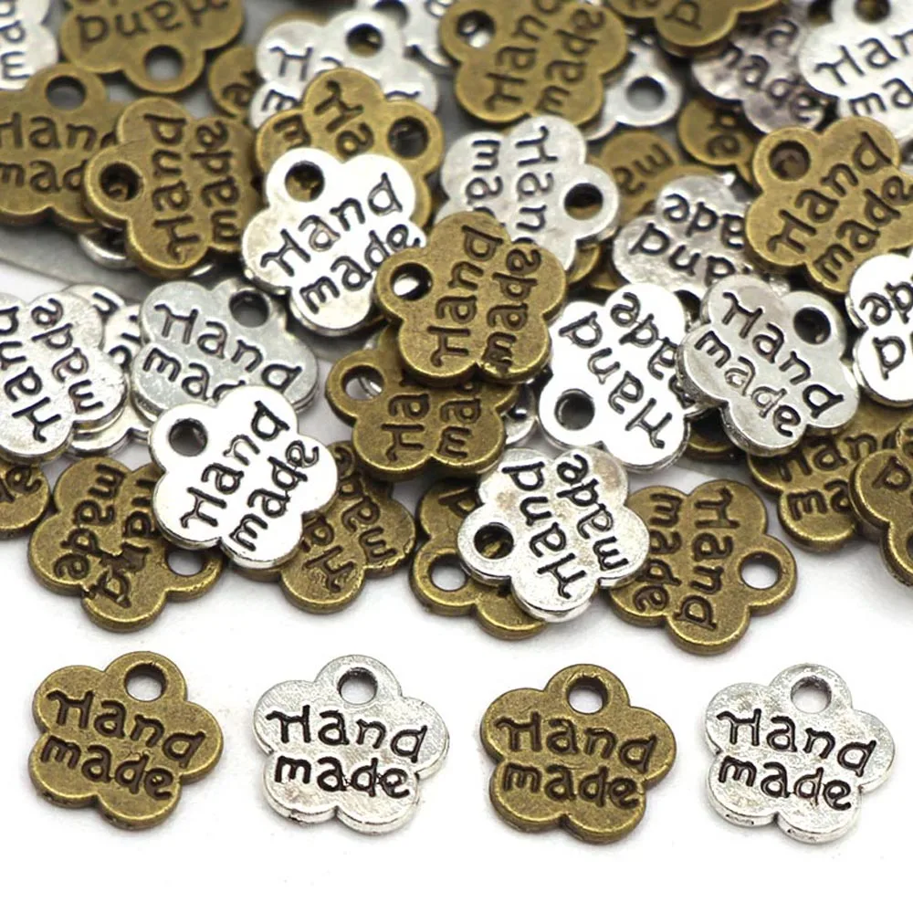 50pcs Flower Metal Label Silver Bronze Handmade Tags Hand Made Pendants Sewing Labels for Clothes Bags Garment Accessories 8x8MM