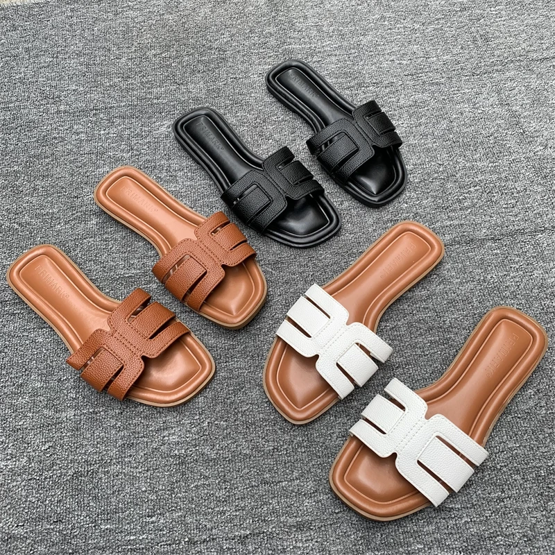 

Faionable Versatile Flat Bot Sandals Summer Autumn New Sle Square Head Slip-On Beach Large Size Slippers for Women
