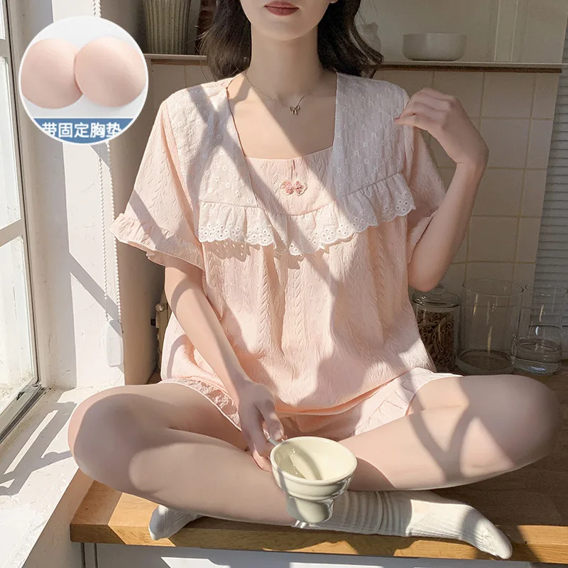 

Large Size Summer Princess Sle Women Pajamas with Chest Pad Lace Trim Sleepwear Cloud Cotton Short Sleeve Tops Shorts Homesuit