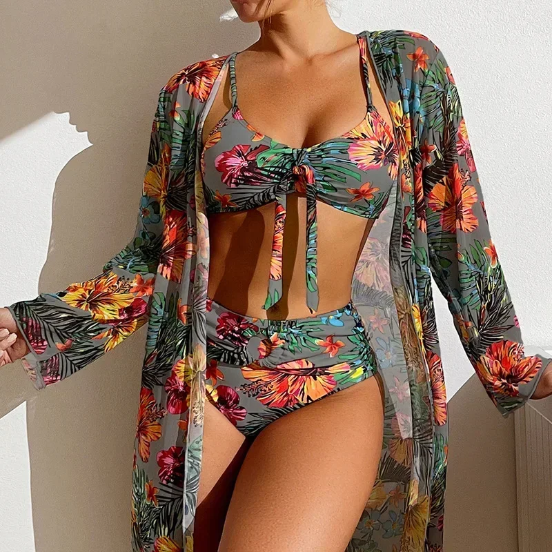 Conjunto de Bikini de tres piezas para mujer, traje de baño de cintura alta, estampado