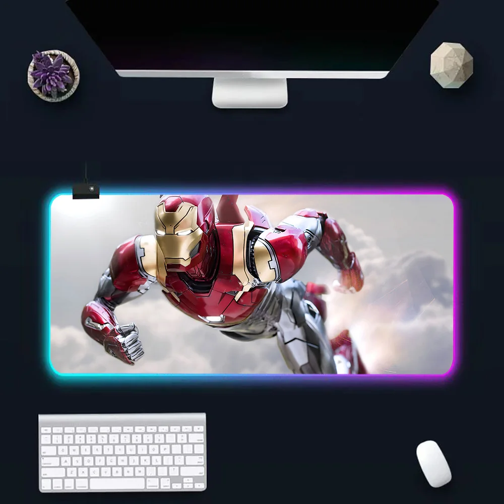 Homem de ferro RGB LED Glowing Mouse Pad, Teclado PC Gamer Mousepad, Borracha Gaming Computer Mausepad