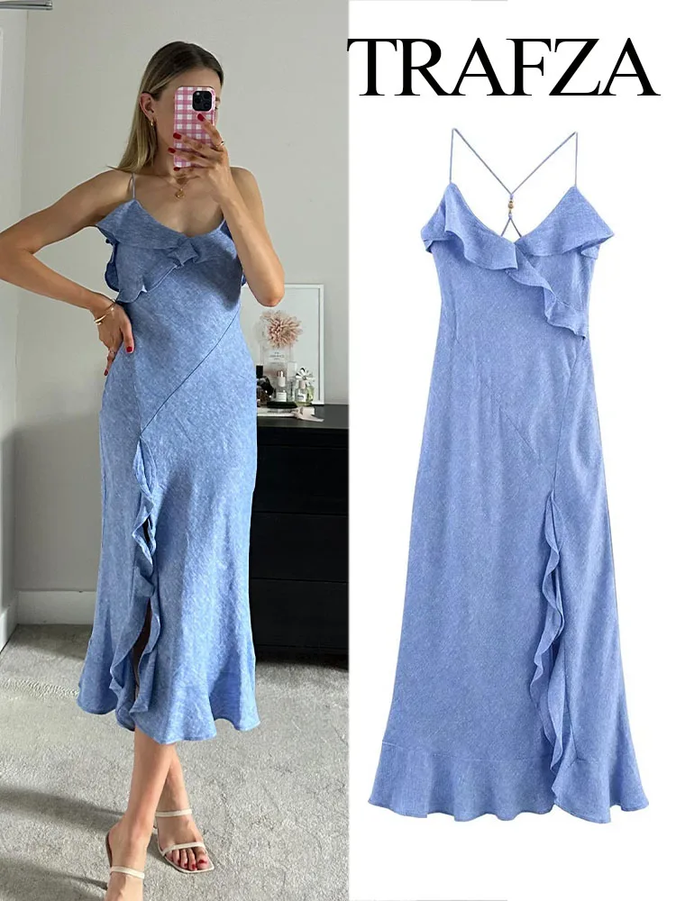 

HH Women's Summer Vacation Style V-neck Layered Asymmetrical Dress Female Fashion Elegant Sexy Backless Strap Hem Slit Dress