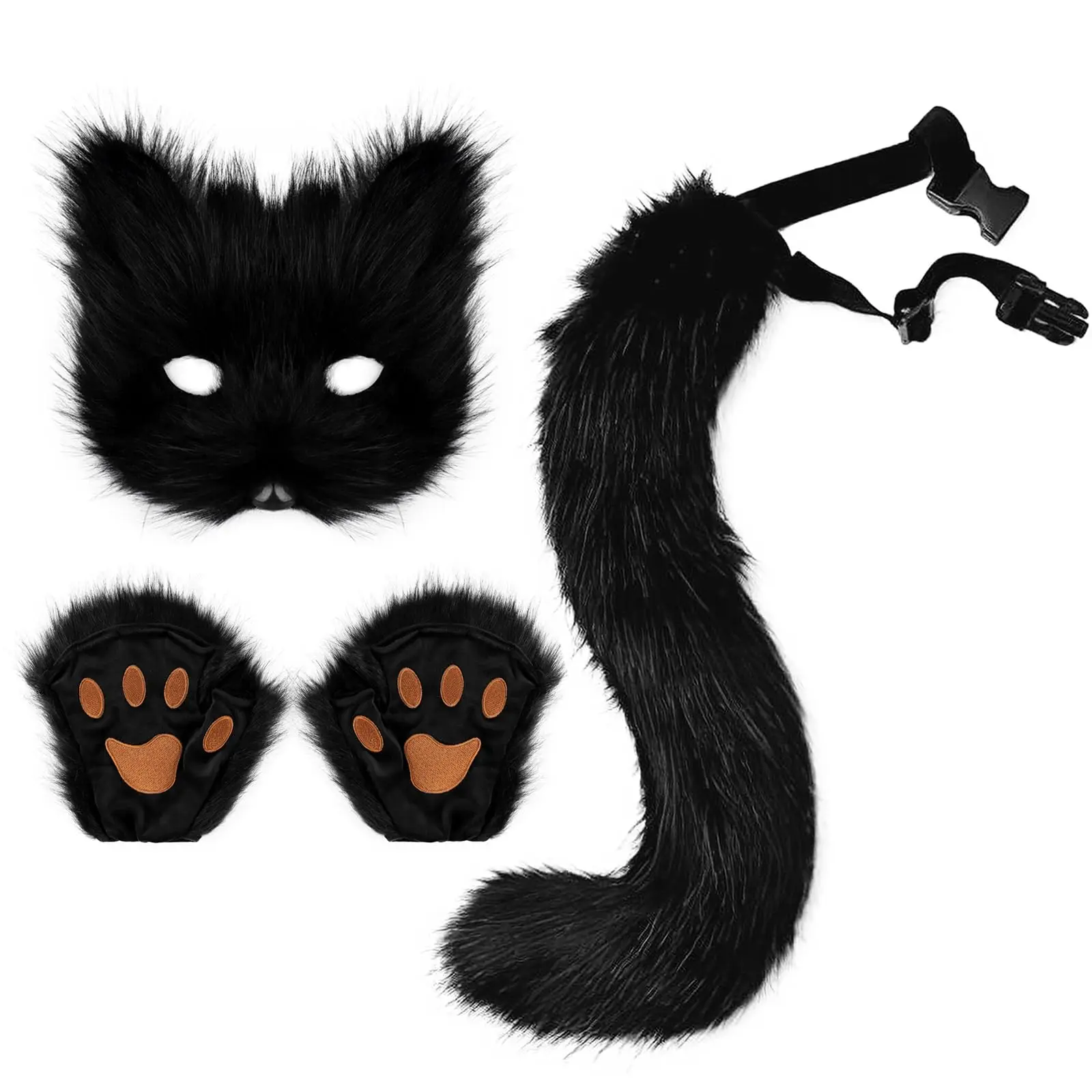 

Faux Fur Fox Tail Cat Wolf Cosplay Costume Set Plush Mask Fluffy Paw Gloves Christmas Party for Girls Women