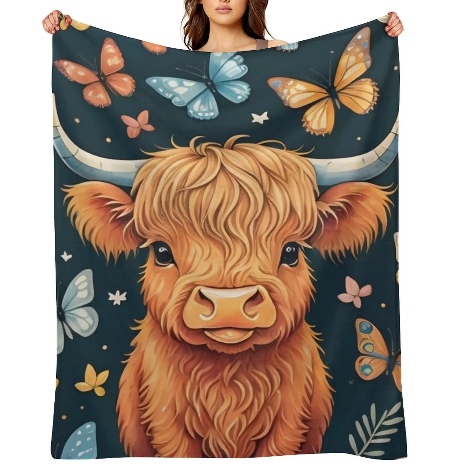Highland cow and butterflies Throw Blanket Hairy Moving Loose Designers Blankets