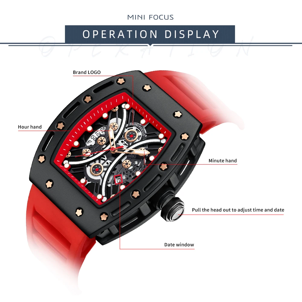 MINI FOCUS Fashion Sports Watches for Men Calendar Window Luminous Hands Red Casual Silicone Strap Waterproof Quartz Mens Watch