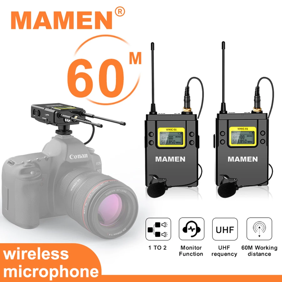 

MAMEN Professiona UHF Wireless Lavalier Microphone with 50 Selectable Channels 60m Range Pickup For DSLR Cameras Interview Vlog