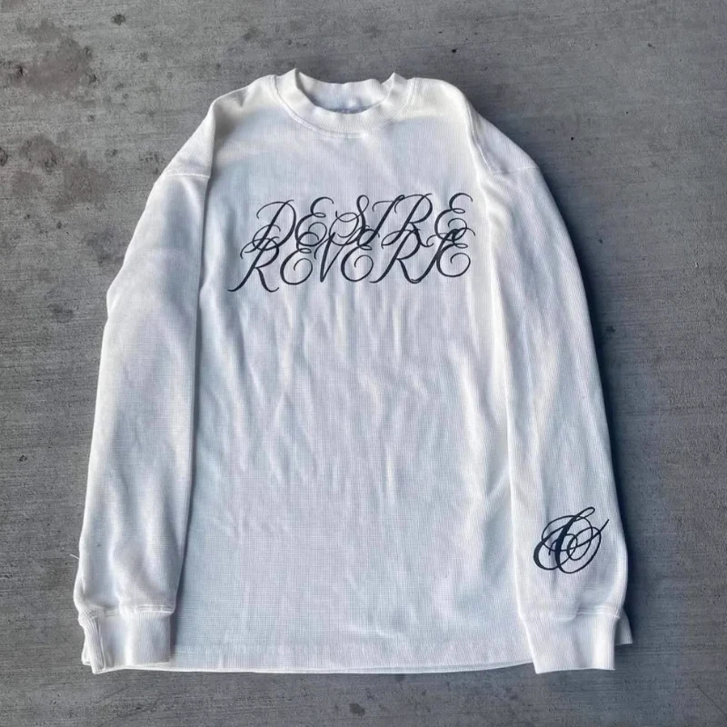 미국식 루즈 캐주얼 O넥 티셔츠 스트리트 빈티지 패션 여성 레이지 스퀘어 드릴 탑 INS 레터 프린트 긴팔 풀오버