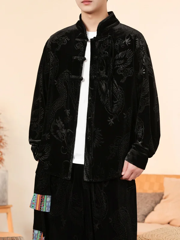 

Loose Fit Dragon Pattern Embroidered Jaet Men's Stand Collar Chinese Sle Outerwear Casual Youth Trend Polyester Fiber